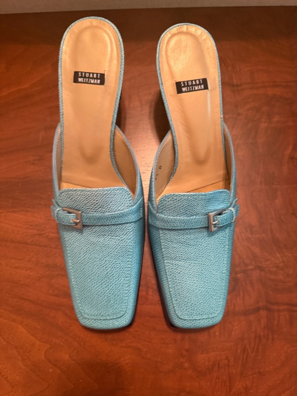 Vintage Stuart Weitzman Aqua Blue Leather Mule Slides Square Toe Y2K NIB 8.5